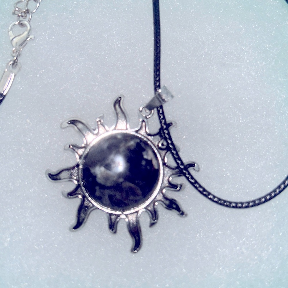 Boho hippie Larvikite Crystal Sun on Black Cord 18-20” Necklace